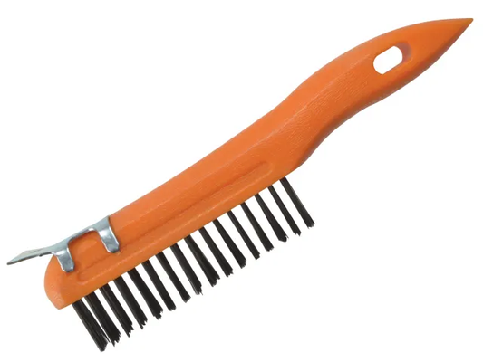Orange brush with black bristles on a white background