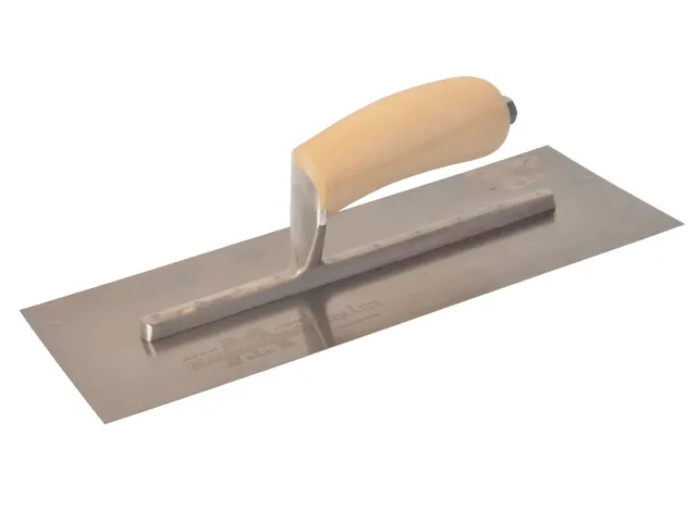 Metal trowel with a yellow handle on a white background