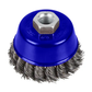 Wire brush with blue housing and metal hexagonal head on a white background