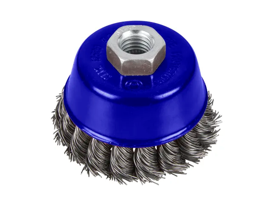 Wire brush with blue housing and metal hexagonal head on a white background
