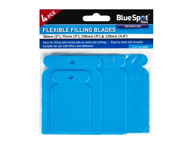 Packaged BlueSpot flexible filling blades with sizes 50mm, 75mm, 100mm, and 120mm on a white background.