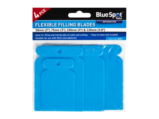 Packaged BlueSpot flexible filling blades with sizes 50mm, 75mm, 100mm, and 120mm on a white background.