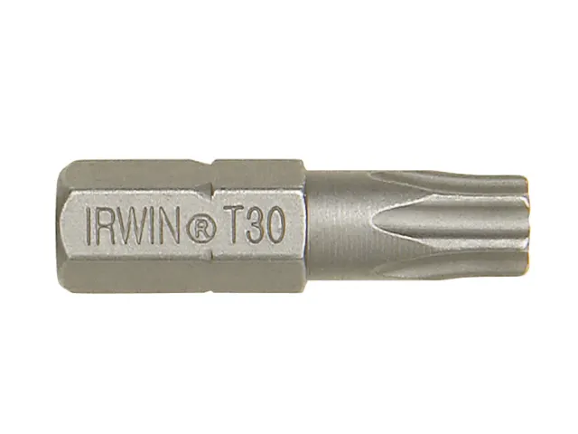Metal screwdriver bit with 'Irwin' branding on a white background t30