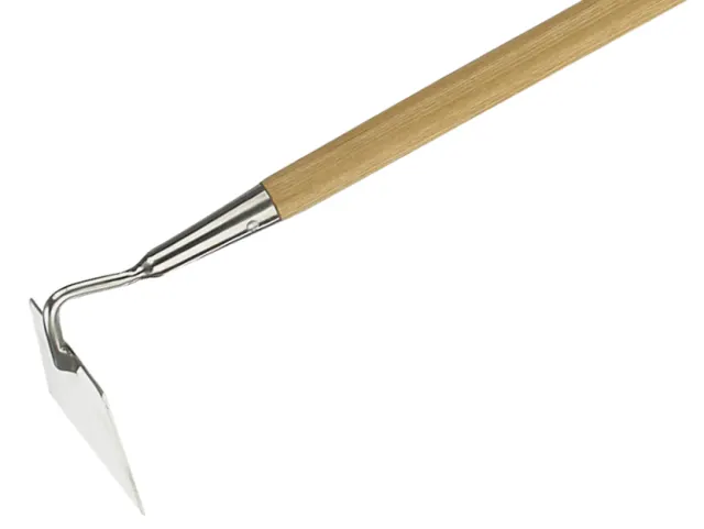 Gardening tool with wooden handle and metal head on a white background