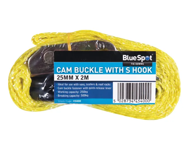 Yellow tie-down with BlueSpot label on a white background