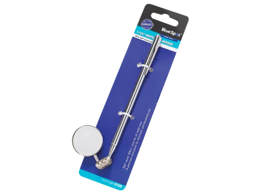 Metal tool with round mirror on a blue packaging background