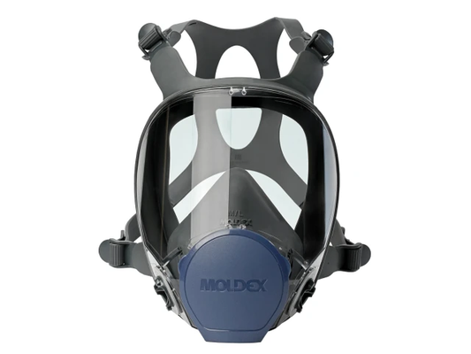 Full-face snorkeling mask with blue base and black straps on a white background