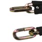 Two metal hooks attached to black straps on a white background