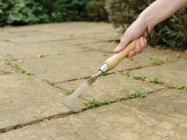 Person using a garden tool to remove weeds from concrete pavement