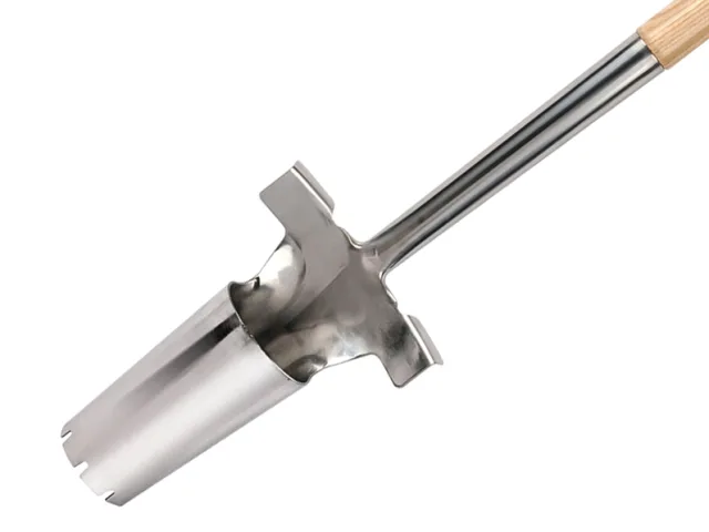 Metal garden tool with wooden handle on a white background