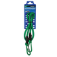 Green dog leash with carabiner on a blue and white packaging background