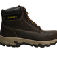 Brown work boot with tan sole on a white background, featuring Stanley branding.