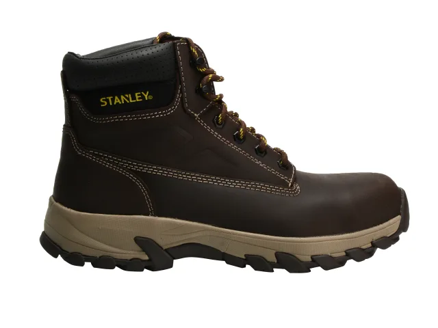 Brown work boot with tan sole on a white background, featuring Stanley branding.