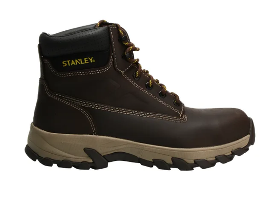 Brown work boot with tan sole on a white background, featuring Stanley branding.
