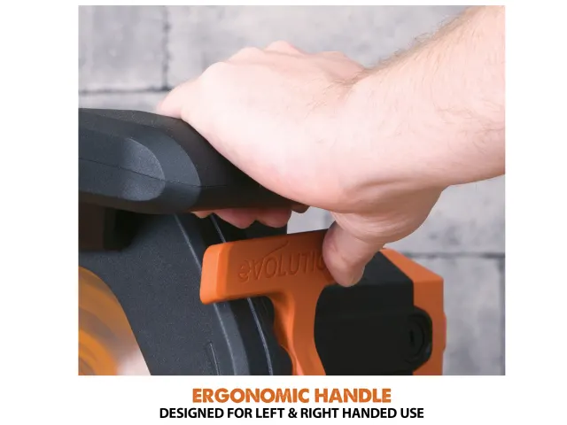 Hand holding a tool with an ergonomic handle, designed for left and right-handed use.