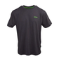 Black t-shirt with a logo on a white background