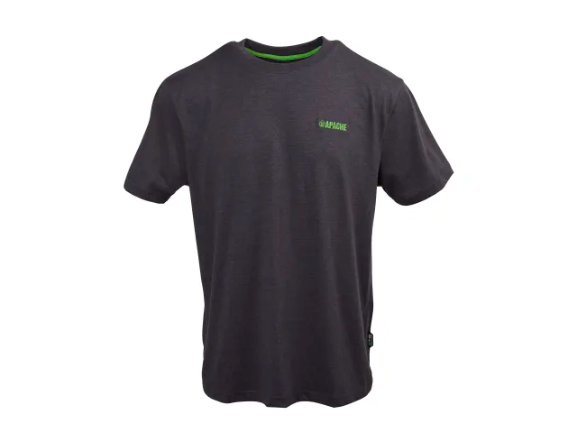 Black t-shirt with a logo on a white background