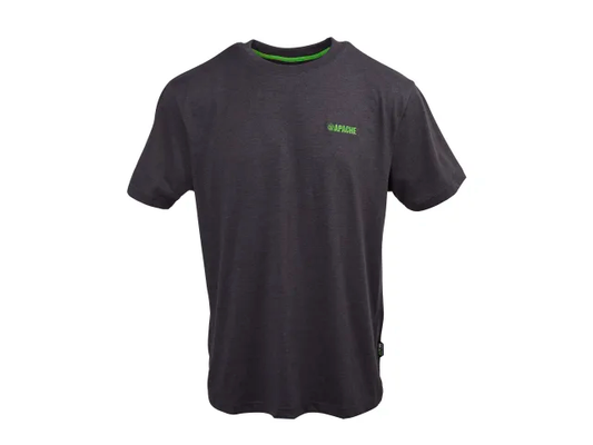 Black t-shirt with a logo on a white background