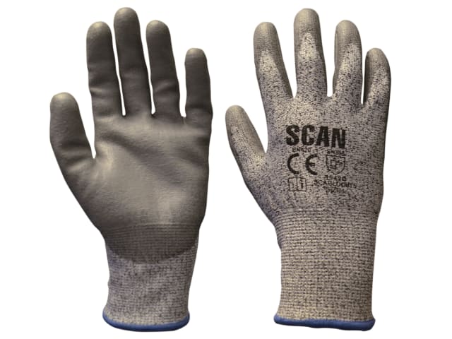 Pair of gray scan gloves with cut-resistant palm coating on a white background