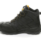 Black hiking boot with yellow accents on a white background
