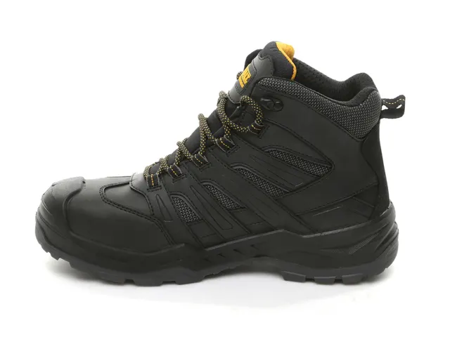 Black hiking boot with yellow accents on a white background