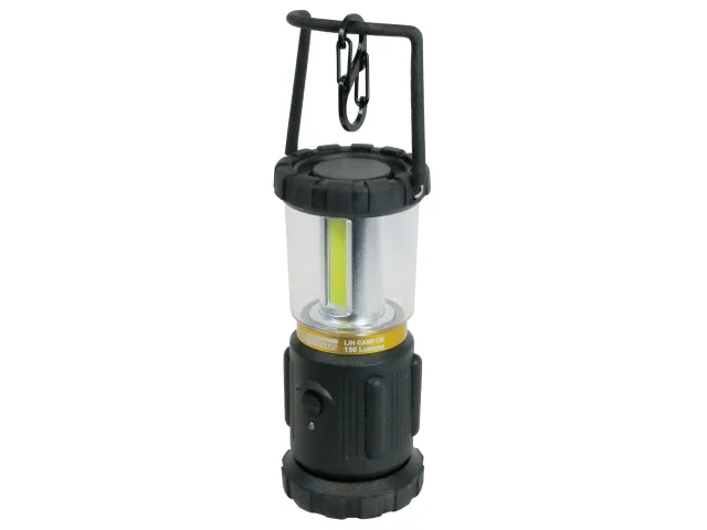 Black and yellow camping lantern with a hook on a white background