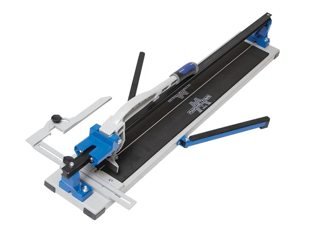 Tile cutting machine with blue and black accents on a white background