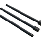 Three black metal shafts with connectors on a white background