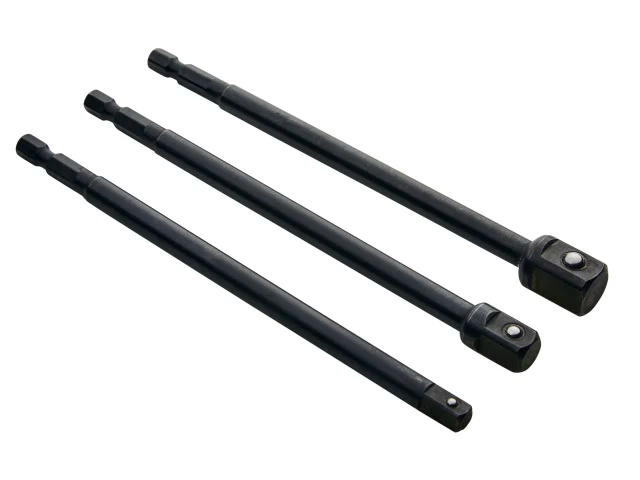 Three black metal shafts with connectors on a white background