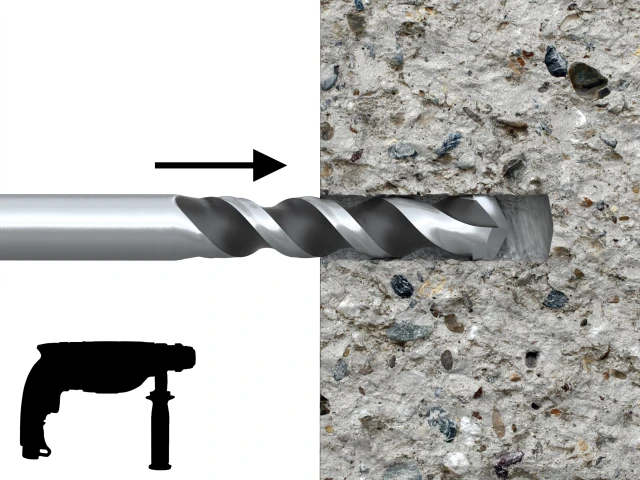 Drill bit on a white background with an arrow pointing to it, next to a drill silhouette and a concrete surface.