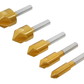 Set of five gold and silver drill bits on a white background