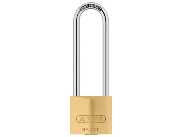 Brass padlock with a long shackle on a white background