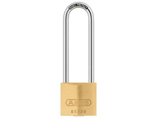 Brass padlock with a long shackle on a white background