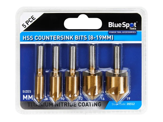 Pack of BlueSpot HSS Countersink Bits with packaging on a white background