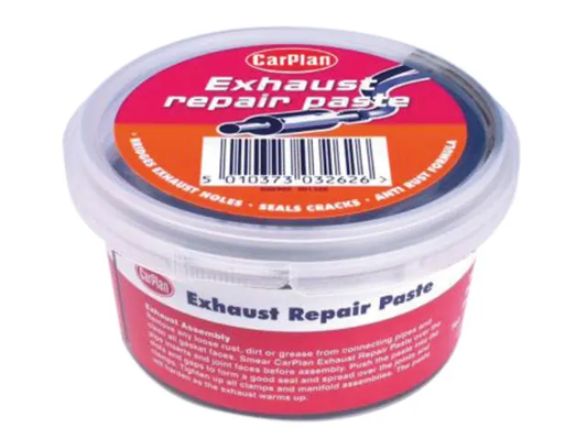 Exhaust repair paste container with red label on a white background
