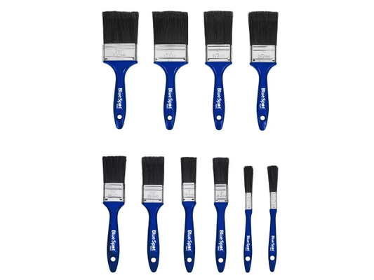 Set of 10 paint brushes with blue handles and black bristles on a white background