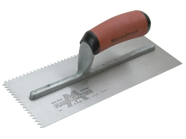 Marshalltown trowel with red handle on a white background