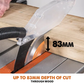 Table saw with a blade cutting through wood, showing 83mm depth of cut.