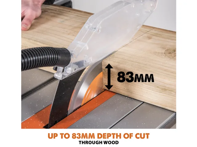 Table saw with a blade cutting through wood, showing 83mm depth of cut.
