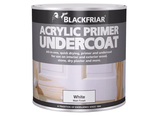 Can of Blackfriar acrylic primer undercoat with label on a white background