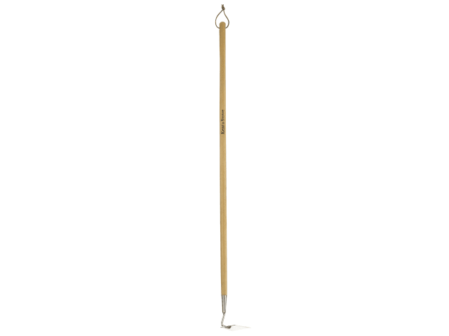 Long wooden stick with a hook at the top on a white background
