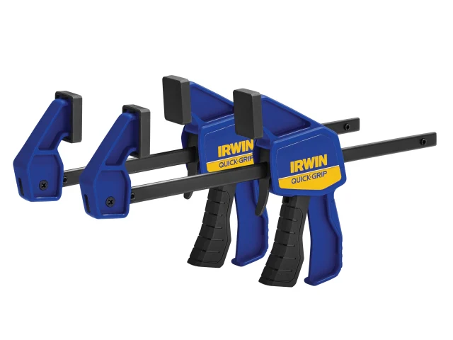 Two blue Irwin Quick Grip clamps on a white background