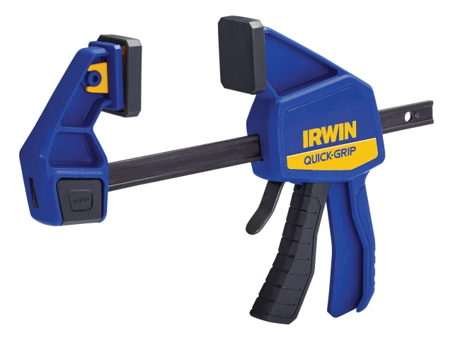 Blue Irwin Quick-Grip clamping tool on a white background