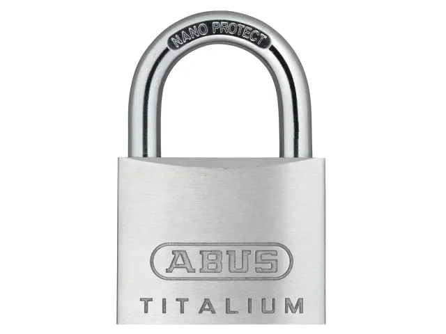 Silver ABUS Titalium padlock on a white background