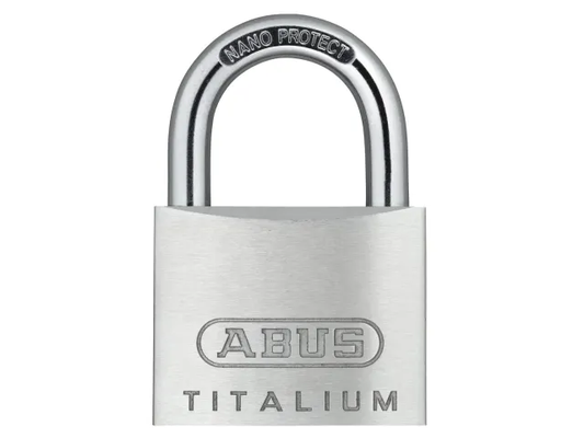 Silver ABUS Titalium padlock on a white background