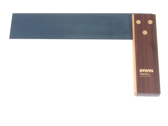 Wooden try square with blue blade on a white background, featuring the Irwin Marples logo.