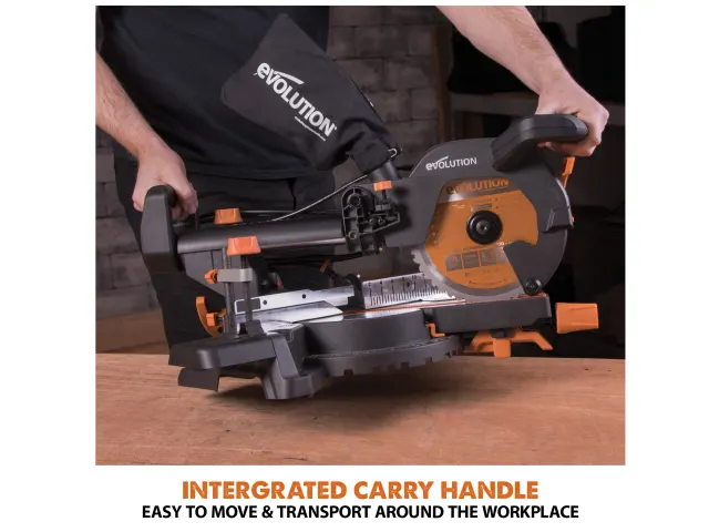 Circular saw with integrated carry handle being held by a person, featuring 'Evolution' branding.
