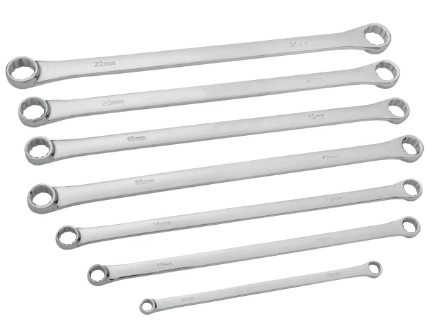 Set of six metallic wrenches on a white background