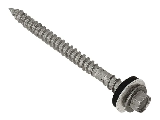 Metal screw with hex head and washer on a white background