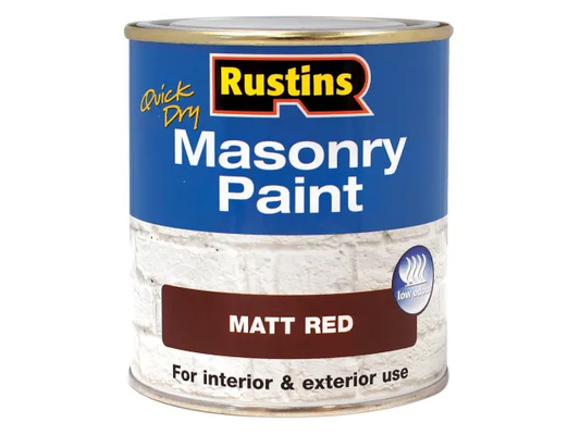 Can of Rustins masonry paint in matt red on a white background